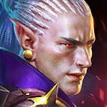 Close-up of a stern fantasy character with white braided hair, pale skin, red eyes, gold earring, and purple armor.