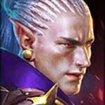 Elven male character portrait with blue-white hair, pointed ears, gold earring, wearing a purple cloak and armor.
