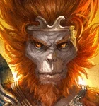 Orange-haired monkey warrior with a silver crown and ornate armor, facing forward with a stern expression.