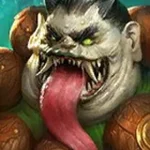 Orc-like fantasy character snarling with gray fur, sharp fangs, glowing green eyes, and an exceptionally long pink tongue, wearing brown armor over green clothing.