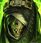Skull-faced undead wearing a dark hood and armor, set against a neon green glow.