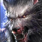 Close-up of a snarling werewolf with amber eyes and sharp teeth against a blue sky.