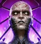 Close-up portrait of a pale, cybernetically augmented figure with exposed jaw machinery, set against a purple neon background.