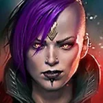 Close-up portrait of a fierce character with purple hair, facial piercings, and dark makeup in a high-collar jacket.