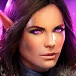 Close-up portrait of a female fantasy warrior with purple eyes and elf-like ears, wearing dark armor against a purple glow.
